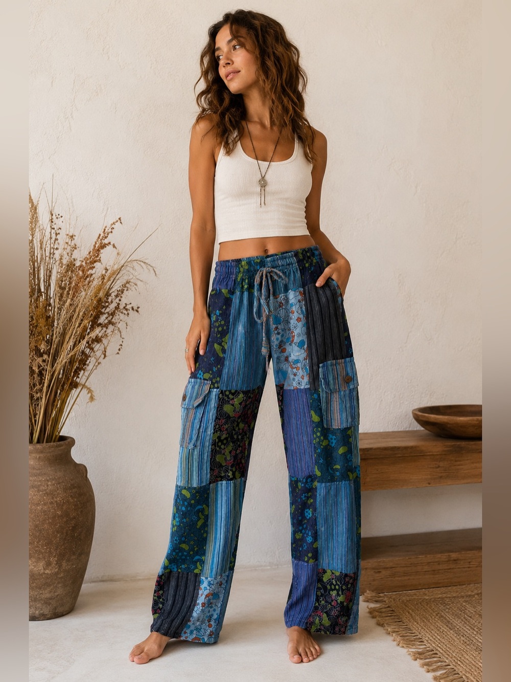 Mexicali Blues Blue Mushroom Patchwork Cargo Pants S/M Boho Festival Goblin